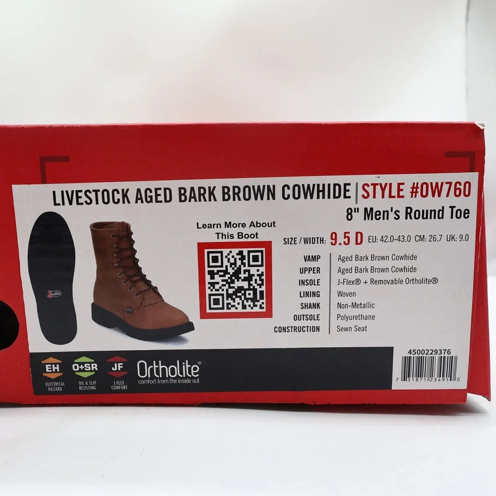 Justin Modern Work Boots Mens 9.5 D Aged Bark Brown Leather OW760 NWT Box